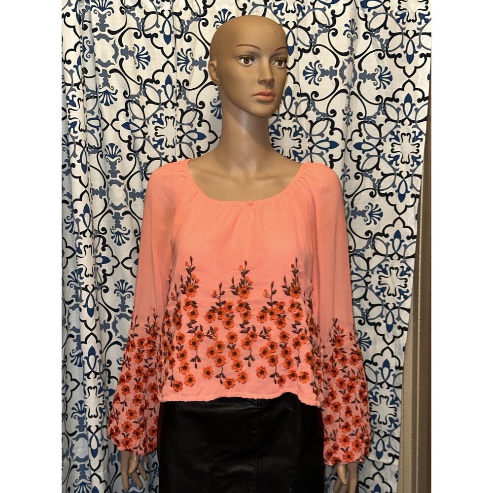 Free People Top Size S Neon Pink Floral Embroidery Blouse Boho Modern Hippie